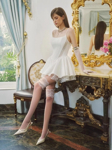 Abito Mini Corsetto Bianco Vintage Francese Patchwork in Pizzo Linea A Gonna Gonfia Vestito Corto Donna Stile Balletcore Party