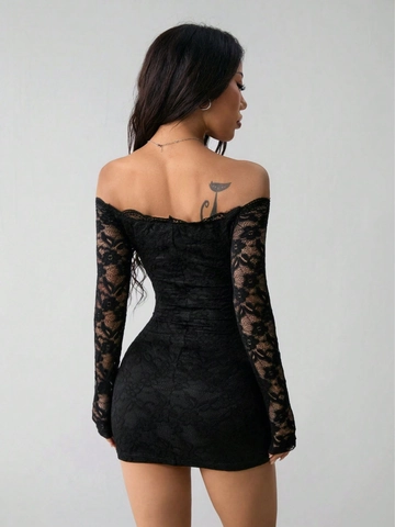 Robe Sexy pour Femmes Épaules Dénudées en Dentelle Nylon Coupe Ajustée Manches Longues Mini Robe Bodycon Clubwear Fête Noir