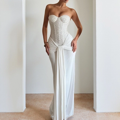 Strapless Evening Maxi Dress Sequins Lace Corset Fishbone Ruched High Waist Slim Fit Formal Party Gown For Women