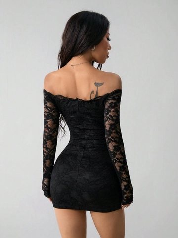 Women Sexy Off Shoulder Lace Bodycon Mini Dress Long Sleeve Slim Fit Floral Pattern Elegant Black Party Evening Dress
