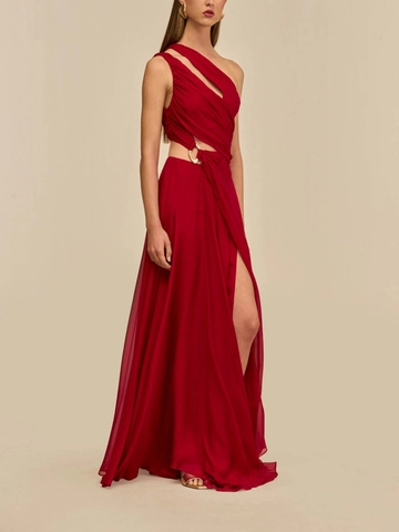 Women Elegant Red One Shoulder Cut Out Maxi Dress High Slit Ruched Polyester Evening Party Dress With Metal Ring Decoration