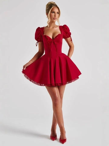 Abito Corsetto Rosso Vintage da Donna Maniche a Sbuffo Pizzo Linea a Mini Gonna a Sbuffo Abito da Festa Retrò per Natale
