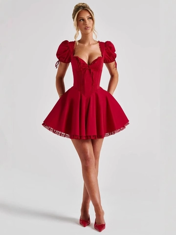 Abito Corsetto Rosso Vintage da Donna Maniche a Sbuffo Pizzo Linea a Mini Gonna a Sbuffo Abito da Festa Retrò per Natale