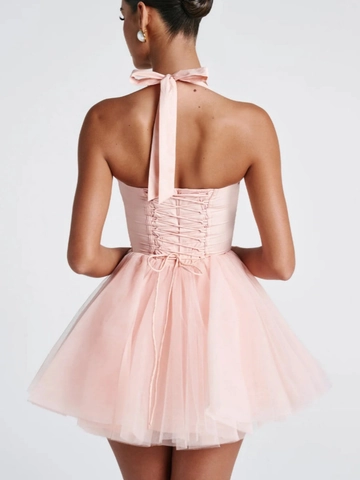 Women Halter Fishbone Corset Mini Dress Layered Tulle Backless Balletcore Party Dress With Bowtie Sweet Tutu Dress
