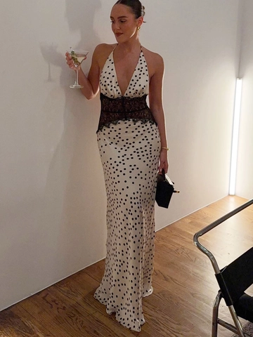 Women's Sexy Halter Neck Backless Polka Dot Maxi Dress Elegant Lace Splicing V-Neck Satin Finish Long Party Vacation Dress