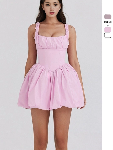 Women Sexy Ruched Bust Mini Dress Backless Bubble Hem Summer Party Dress Waist Cinching Spaghetti Straps Polyester Solid Color