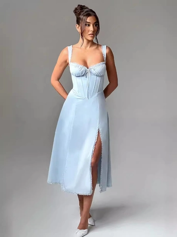 Abito Midi Corsetto Vintage Francese Con Spacco Bordo in Pizzo Fiocco Spalline Sottili Sexy Party Donna Abito Estivo