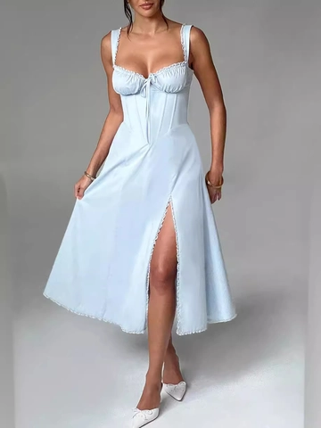 Abito Midi Corsetto Vintage Francese Con Spacco Bordo in Pizzo Fiocco Spalline Sottili Sexy Party Donna Abito Estivo
