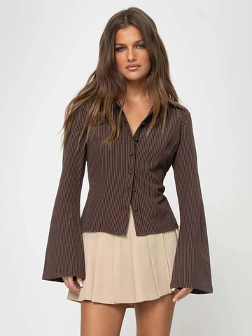 Chemise Ajustée à Rayures Vintage Français pour Femmes Manche Cloche Revers Boutonnage Simple Chemisier Polyester Top Bureau