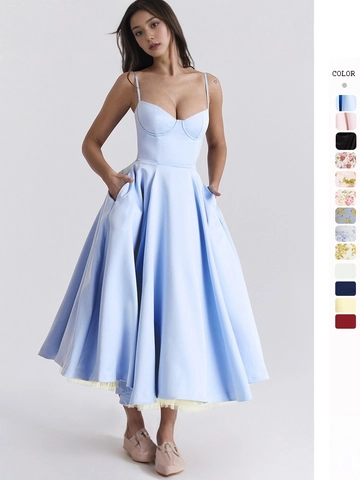 Elegante Abito Maxi Bustier in Raso Francese Fodera in Maglia Tasche Donna Vintage Floreale Festa Sera