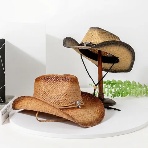 Cappello Da Cowboy In Paglia Fibra Vegetale Naturale Tesa Larga Traspirante Parasole Vintage Sfumato Cinturino Regolabile