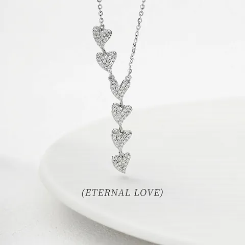 925 Sterling Silver Heart Lariat Necklace Pave Cubic Zirconia Vertical Hearts Dainty Elegant Jewelry For Women