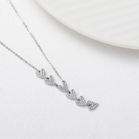 925 Sterling Silver Heart Lariat Necklace Pave Cubic Zirconia Vertical Hearts Dainty Elegant Jewelry For Women