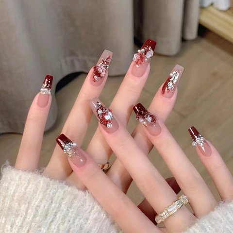 Uñas Postizas Press On Con Decoraciones De Flores 3D Y Perlas Artificiales Degradado Brillo Uñas Artificiales Para Mujeres Manicura Elegante