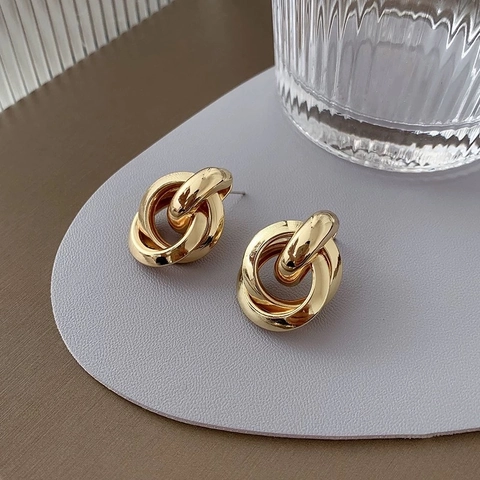 Geometric Hoop Earrings Interlocking Double Circle Twisted Knot Copper High Polished Minimalist Elegant Studs For Women