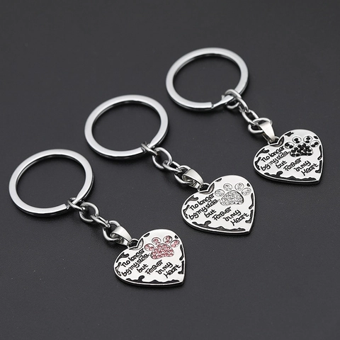 Zinc Alloy Rhinestone Heart Paw Print Pet Memorial Keychain Engraved No Longer By My Side Quote Silver Pendant Key Ring