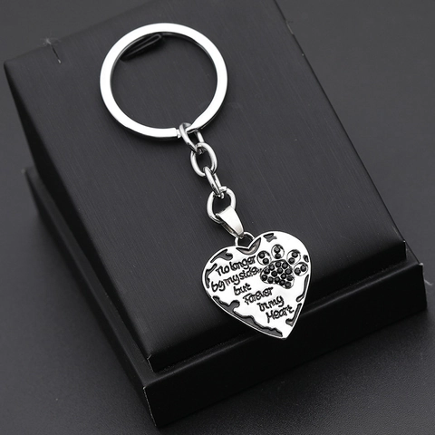 Zinc Alloy Rhinestone Heart Paw Print Pet Memorial Keychain Engraved No Longer By My Side Quote Silver Pendant Key Ring