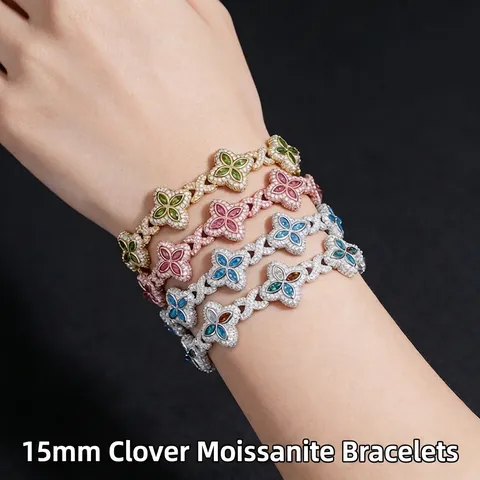Pulsera de Trébol de Plata de Ley S925 Moissanita para Mujer Corte Marquise Piedra Preciosa de Color Pavé Joyería de Moda Lujo