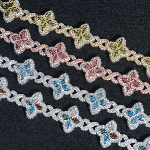 Pulsera de Trébol de Plata de Ley S925 Moissanita para Mujer Corte Marquise Piedra Preciosa de Color Pavé Joyería de Moda Lujo