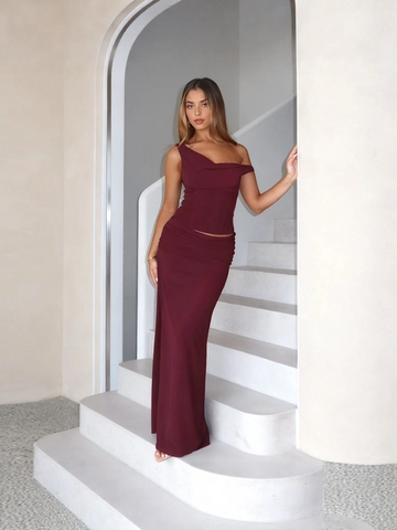 Women Sexy One Shoulder Ruched Crop Top And High Slit Maxi Skirt Wine Red Elegant Banquet Party Bodycon Skirt Outfit