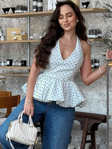 Top Halter con Cuello en V para Mujer de Lunares Volantes Peplum Sin Mangas Verano Blanco Elegante Estilo Francés Ajustado
