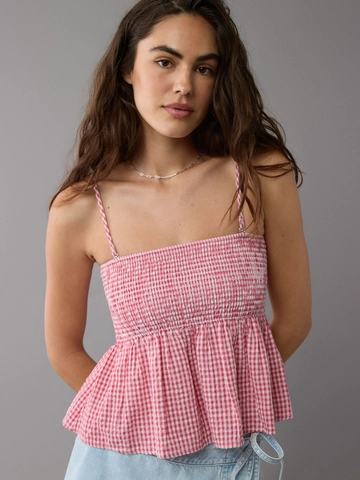 Canotta Vintage da Donna a Quadretti Gingham Con Spalline Sottili Regolabili e Corpetto a Punto Smock Top Corto Sexy Estate