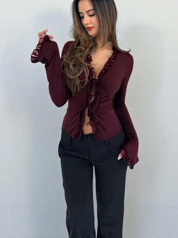 Women Sexy Lace V-Neck Tie Front Long Sleeve Top Elegant Bell Sleeve Solid Color Slim Fit Cropped Blouse Party Dating Shirt