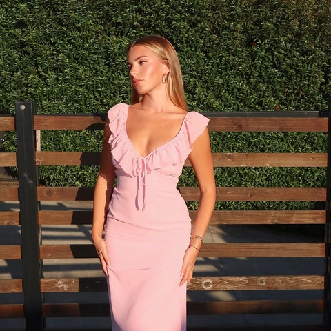Women Deep V Neck Ruffle Maxi Dress Sexy Sleeveless Tie Up Backless Slim Fit Evening Party Vacation Beach Summer Elegant Long Dress