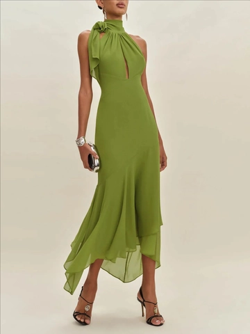 Women Halter Neck Backless Maxi Dress Solid Green Ruffle Trim Cut Out Elegant Evening Party Dress Summer Sleeveless Dress