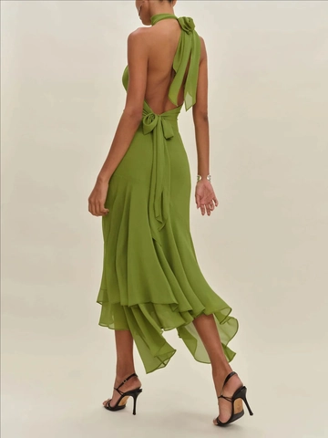 Women Halter Neck Backless Maxi Dress Solid Green Ruffle Trim Cut Out Elegant Evening Party Dress Summer Sleeveless Dress