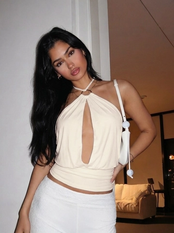 Top Corto Sexy para Mujer con Cuello Halter Espalda Descubierta Anillo de Metal Hueco Chaleco Ajustado Plisado Ropa de Calle