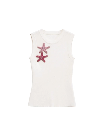French Style Ribbed Knit Tank Top For Women Beaded Starfish Sleeveless Round Neck Summer Beach Vacation Chic Ribbed Knit Top