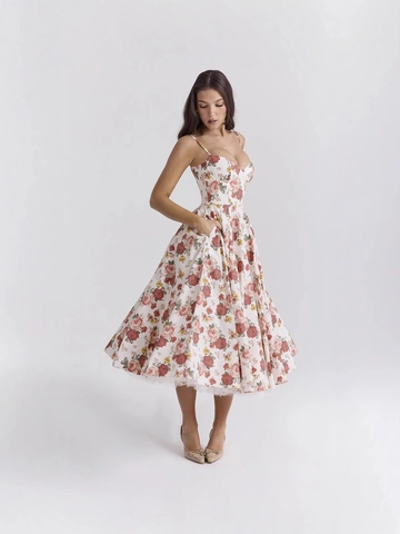 Robe Midi Bustier à Fines Bretelles Vintage Français pour Femme Élégante Imprimé Floral Coupe en A en Satin avec Poches