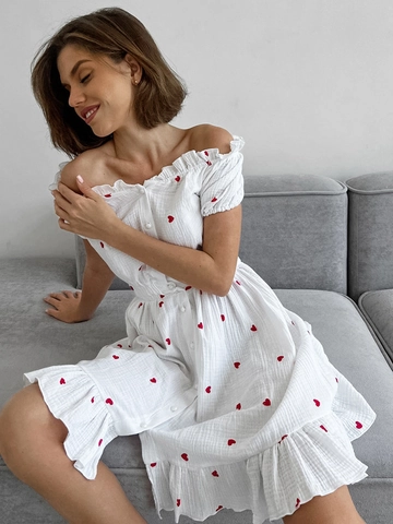 Dames Zoet Off-Shoulder Mini Jurk Pofmouw Rood Hart Print Ruffle Zoom A-Lijn Zomer Elegant Knoopsluiting Kort Jurkje