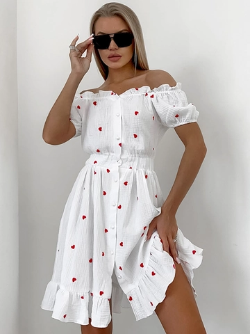 Dames Zoet Off-Shoulder Mini Jurk Pofmouw Rood Hart Print Ruffle Zoom A-Lijn Zomer Elegant Knoopsluiting Kort Jurkje