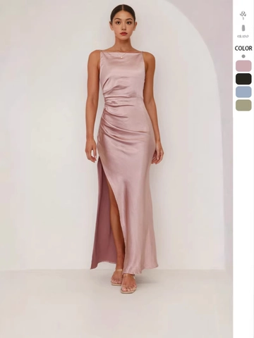 Women Sexy Satin Spaghetti Strap Maxi Dress Backless High Slit Ruched Slim Fit Party Evening Long Dress Solid Color