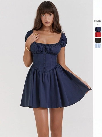 Damen Sexy Square Neck Puffärmel Minikleid Korsett Stil Knopfleiste Vorne A-Linie Kurzes Kleid Einfarbig Sommer Mode