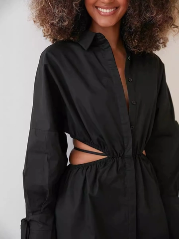Damen Sexy Cut Out Taille Hemdkleid Lange Laternenärmel Knöpfen Hohe Taille A-Linie Mini Kleid Einfarbig Baumwolle Casual Kleid