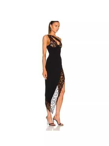 Mujer Sexy Un Hombro Patchwork Encaje Abertura Alta Dobladillo Irregular Vestido Maxi Elegante Fiesta De Noche Ajustado Vestido De Malla