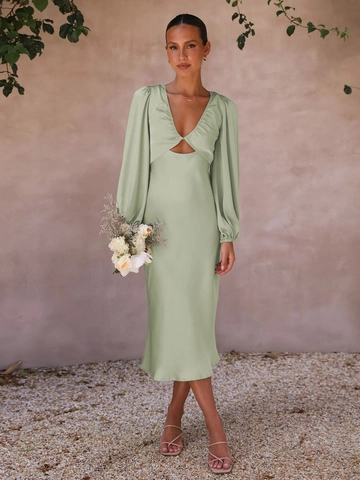 Elegant Satin Midi Dress For Women Deep V Neck Cutout Backless Lantern Long Sleeve Party Evening Banquet Solid Color Gown