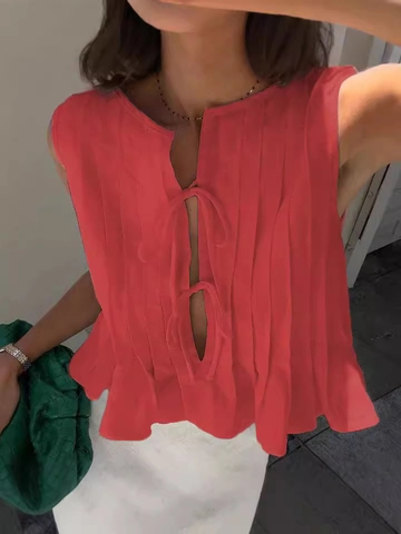 Women's Casual Pleated Sleeveless Top Linen Blend Tie Front Knot Shirt Elegant Ruffle Hem Summer A-Line Blouse For Vacation
