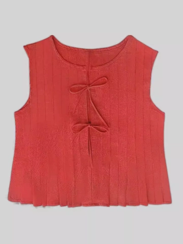 Women's Casual Pleated Sleeveless Top Linen Blend Tie Front Knot Shirt Elegant Ruffle Hem Summer A-Line Blouse For Vacation