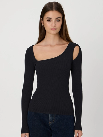 Women Asymmetric Cut Out Ribbed Knit Top Long Sleeve Slim Fit Off Shoulder Solid Color Streetwear Polyester Spandex Shirt