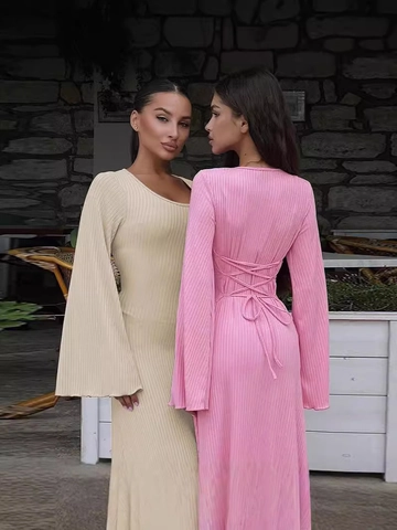 Women Polyester Ribbed Knit Maxi Dress Bell Sleeve Back Lace Up Slim Fit Scoop Neck Solid Color Elegant Long Dress