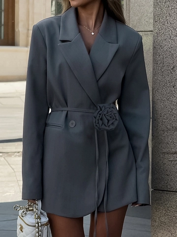 Women Elegant Blazer Dress With 3D Rose Flower Belt Slim Fit Office Long Sleeve Coat Solid Color Elegant Outerwear