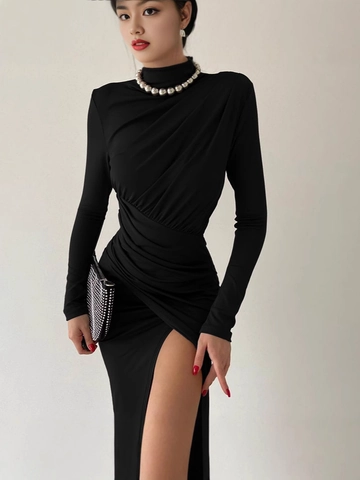Vestido Largo para Mujer con Cuello Semialto Fruncido y Abertura Elegante Manga Larga Corte Ajustado Color Sólido Vestido de Fiesta