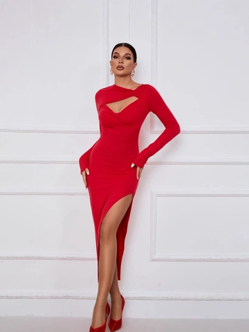 Damen Sexy Langarm Ausschnitt Maxi Kleid Schlanke Passform Hoher Schlitz Bodycon Abendparty Nachtclub Langes Kleid
