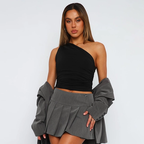 Donne Sexy Monospalla Tinta Unita Arricciato Crop Canotta Slim Fit Senza Maniche Casual Festa Basic Clubwear Gilet
