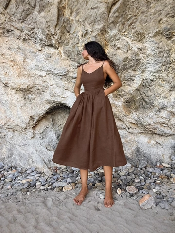 Abito Camisole retrò francese in cotone e lino traspirante kaki a vita alta con scollo a V senza maniche a trapezio gonna lunga da donna