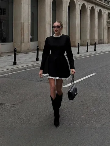 Vintage Women Black Long Sleeve Mini Dress Retro White Lace Patchwork A-Line Skater Dress Elegant Hepburn Style Party Dress